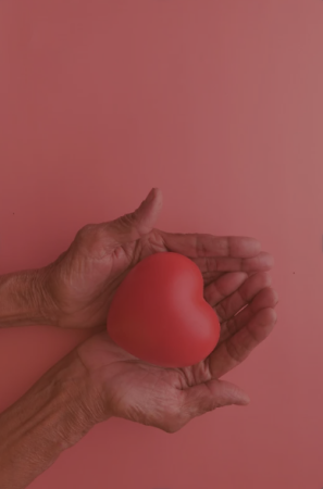 Hands holding a red heart-shaped object against a pink background.